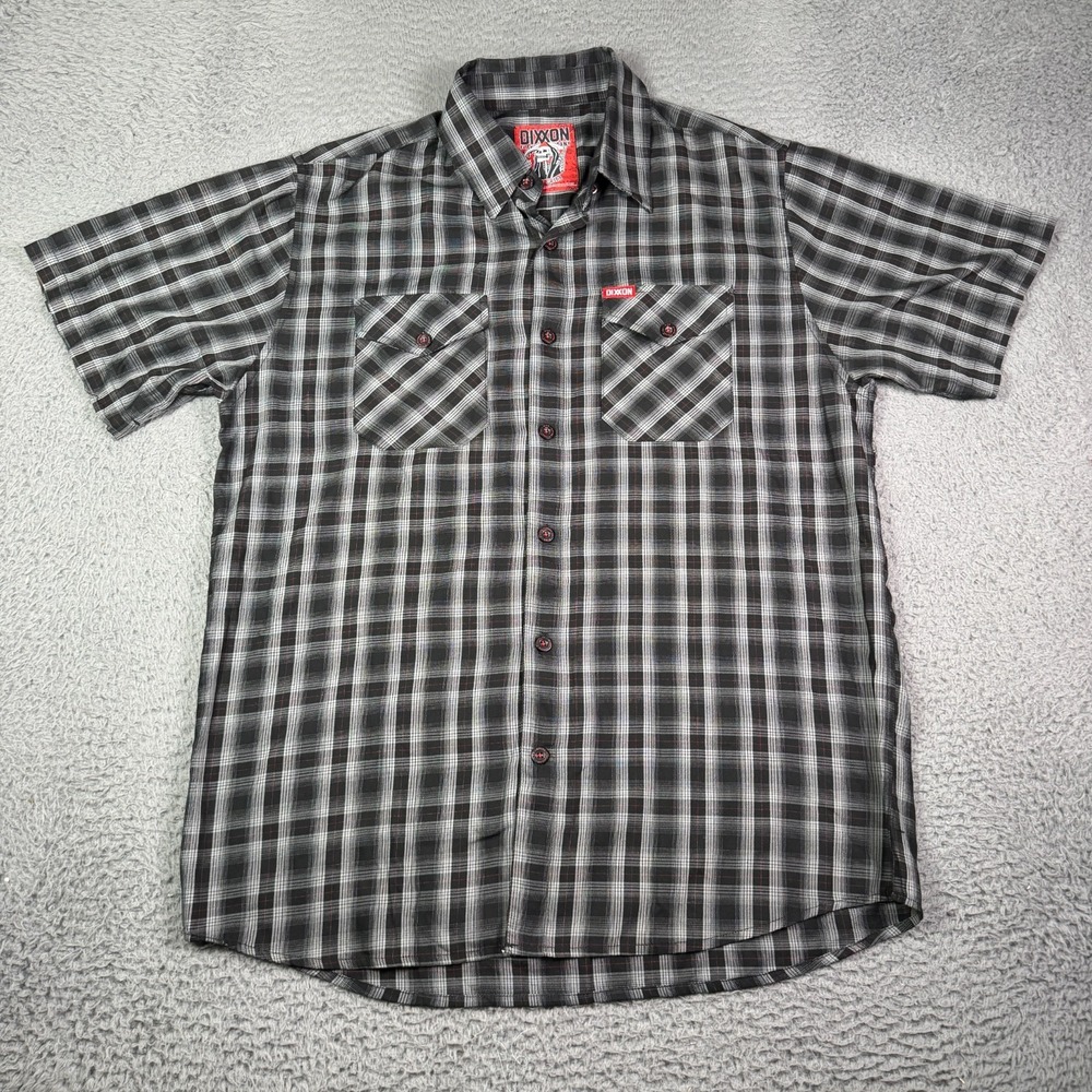 Dixxon Flannel The Grim Shirt Mens L Black Gray Plaid Short Sleeve Bamboo Blend